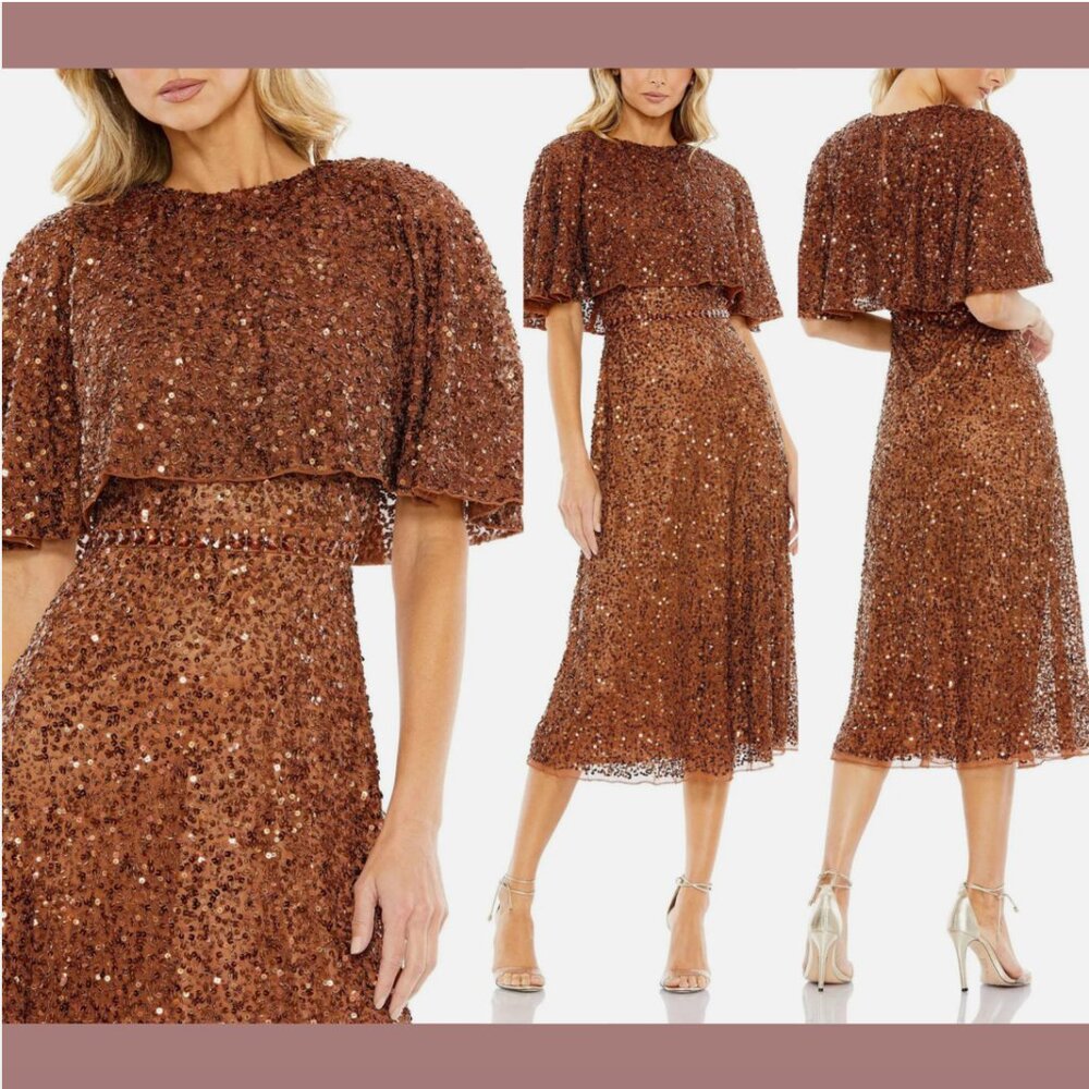 NWT $498 Mac Duggal [ 8 ] Embellished Cape High Neck Midi Dress‎ Copper #Q739